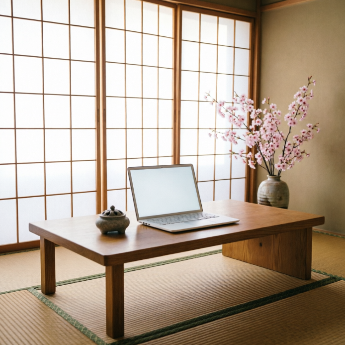 A 1:1 serene photograph of a Zen-inspired study. A low-profile desk made of Hinoki cypress wood sits on a traditional tatami mat. A shoji paper screen allows soft, diffused daylight into the room. A single ceramic vase with a cherry blossom branch sits in the corner. The desk holds a pristine white laptop and a small stone incense burner. No people, no text.