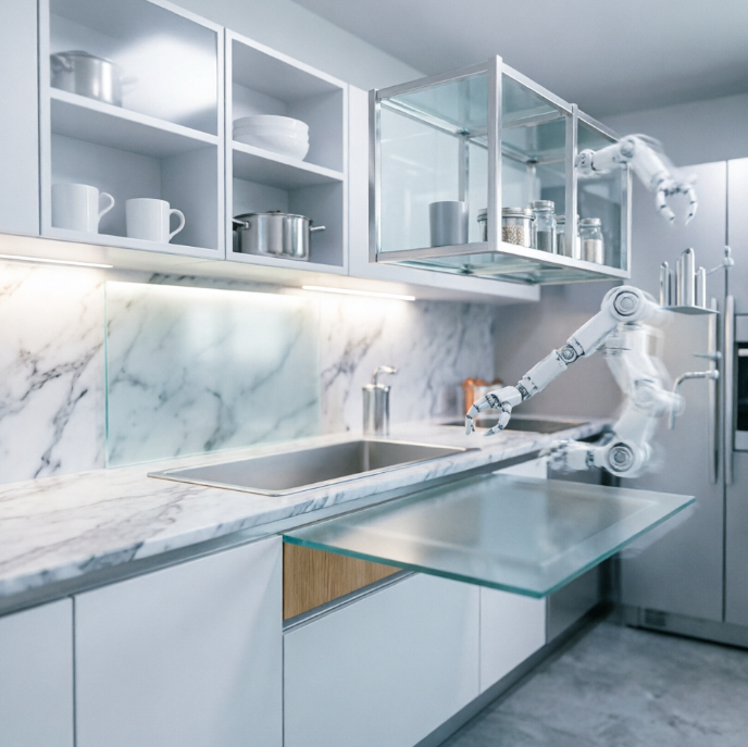 A 1:1 shot of an ultra-compact micro-apartment kitchen. A robotic arm mechanism is subtly visible, moving a modular shelf system. The dining table is a sliding slab of frosted glass that retracts into a wall unit. The color palette is white, silver, and light grey to maximize the sense of space. No people, no text.