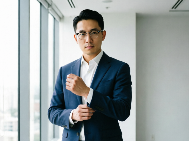 The same businessman in the identical pose, but his suit has been AI-replaced with a light grey color, demonstrating precise color alteration effects on formal business wear fabrics.