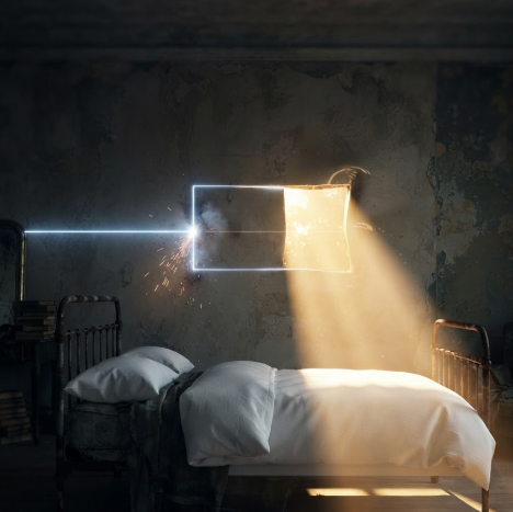 A 1:1 shot of a bedroom in deep shadow. In the center, a virtual window is being "cut" into the wall by a laser-like beam. From this virtual opening, warm, bright sunlight pours into the room, illuminating a modern bed with crisp white linens that are partially rendered over an old, unmade bed.