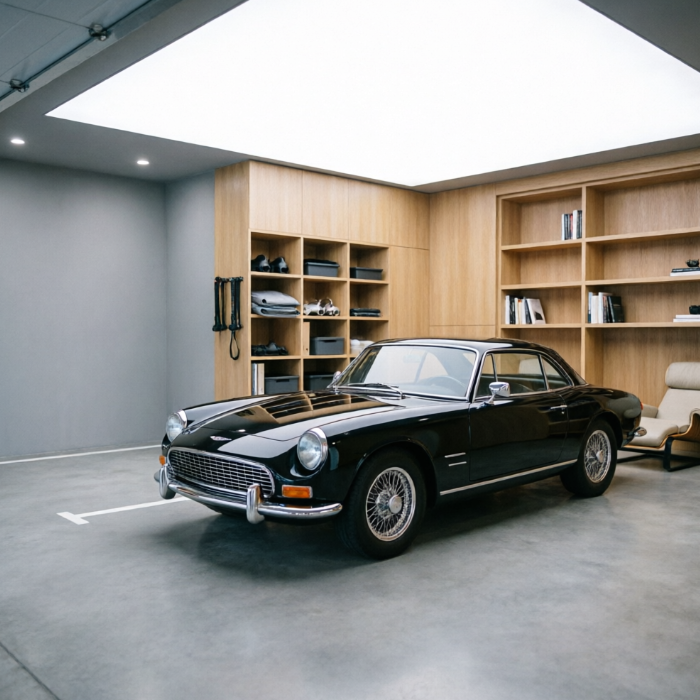 1:1 ratio. A premium private club-style garage, with walls wrapped in dark brown vertical-striped walnut wood. A dark Persian rug covers the floor with a black vintage car in the center. A bar with exquisite glassware is in the corner, set against a soft warm backlit wall. No people, no text.