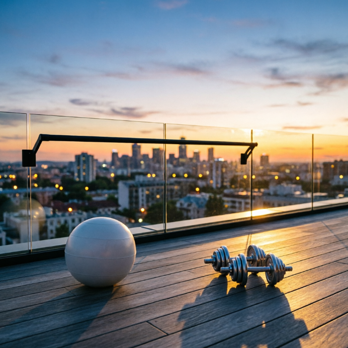 A 1:1 rooftop gym scene at sunset. A minimalist black pull-up bar is integrated into a glass railing. The floor is made of weather-resistant dark grey composite decking. The golden light of the setting sun hits a set of kettlebells, creating long shadows across the deck. The distant city skyline is blurred in the background.
