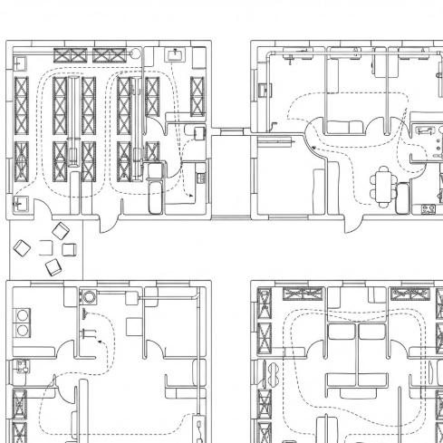 A 1:1 technical plan of a basement space. The AI has organized the 2D layout into highly efficient storage zones. Icons of shelving units, laundry machines, and utility pipes are arranged to maximize square footage. Dashed lines indicate the optimal "movement path" through the space. No people, no text.