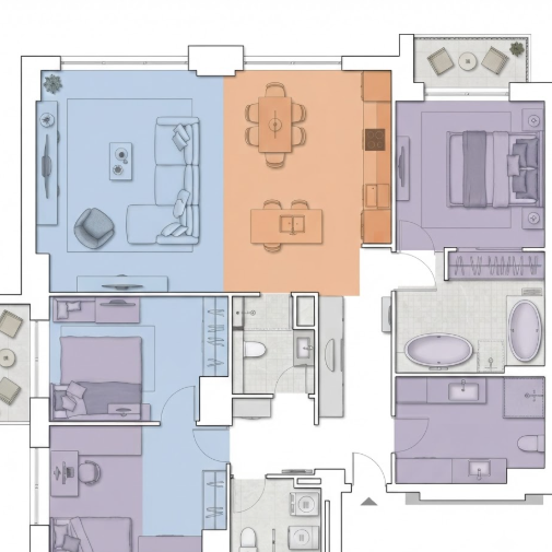 A 1:1 schematic floor plan where rooms are color-coded by function. The living area is pale blue, the kitchen is soft orange, and bedrooms are muted violet. The boundaries are defined by crisp white architectural lines. Icons of windows and doors are detailed with opening arcs. No people, no text.