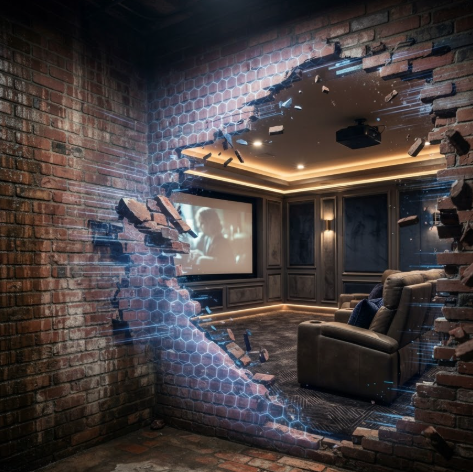 A 1:1 creative shot. One corner of a damp, brick basement is peeling away like a digital glitch to reveal a high-end home theater with velvet acoustic panels and warm recessed lighting. A subtle hexagonal grid pattern covers the transition area between the old brick and the new luxury interior.