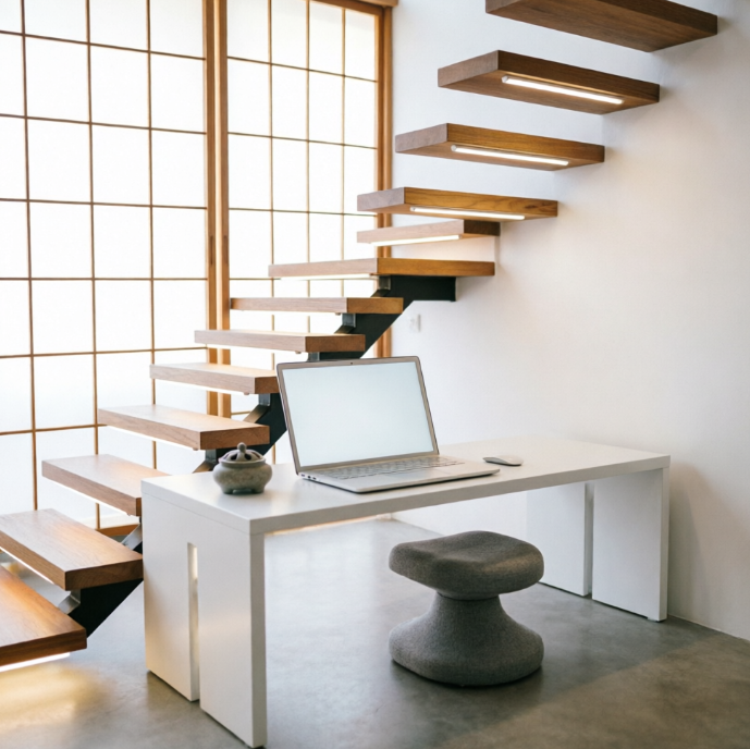 A 1:1 clever architectural solution for a workspace under a modern floating staircase. A custom-fit white desk integrates seamlessly with the stairs' structure. A slim task light is built into the underside of a step. A compact ergonomic stool is tucked neatly beneath the desk. The area is clean, maximizing every inch of the white-walled interior. No people, no text.