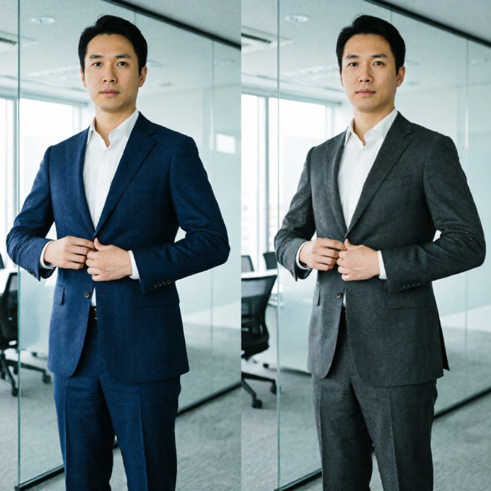 1:1 split view. Left: An East Asian male executive adjusts a navy blue wool suit in a glass office. Right: Suit transformed to charcoal grey. Skin tone remains natural. Text "PRO INVERT" etched on the glass.