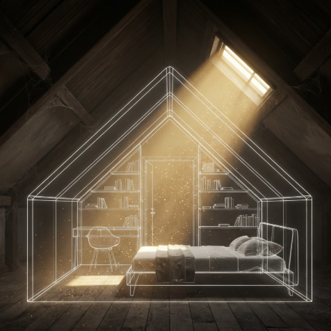 A 1:1 rendering of a dusty, dark wooden attic. In the center, a glowing white digital wireframe of a cozy modern bedroom emerges, including a bed frame and built-in shelving. The wireframe follows the slope of the roof perfectly. Dust motes dance in rays of sunlight that cut through the virtual structure.
