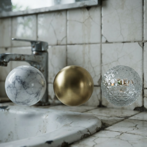 A 1:1 close-up of a dated bathroom with cracked tiles. Hovering in the center are three hyper-realistic floating spheres representing new materials: polished Carrara marble, brushed brass, and fluted glass. The background bathroom is slightly blurred, while the spheres reflect a future bright, high-end spa-like environment.