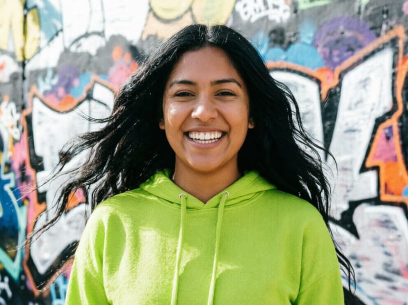In the same scene with the same subject, her hoodie color has been AI-changed to a vibrant orange, creating a different color contrast with the background graffiti, while the hair movement remains consistent.