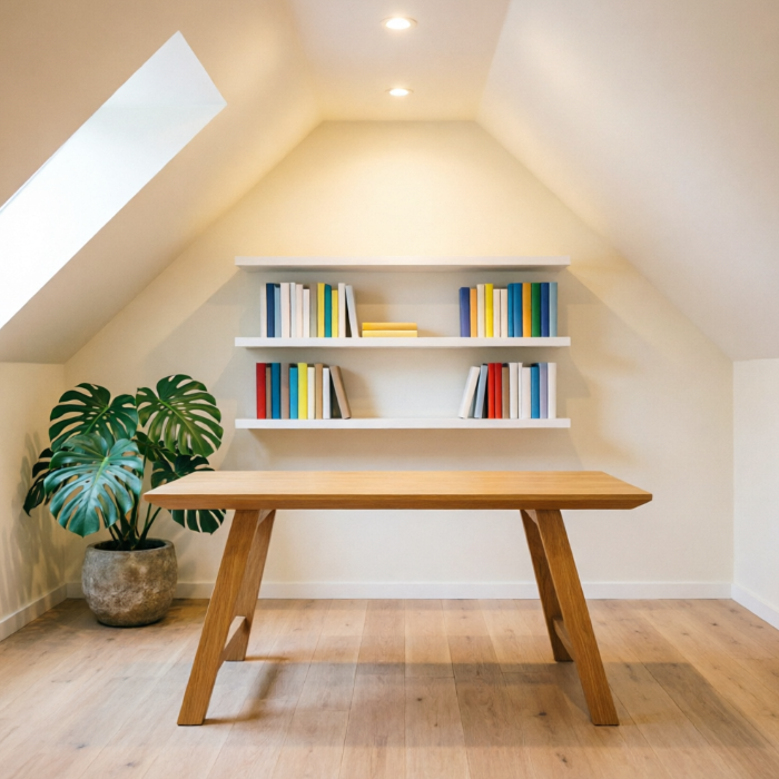 A high-resolution 1:1 interior rendering of a home office tucked under a sloped attic ceiling. A minimalist oak trestle desk sits on a light wood floor. The walls are creamy white, reflecting warm light from a single recessed ceiling spotlight. A lush Monstera plant in a stone pot adds a vibrant green touch. Floating white shelves hold blank, color-coordinated book spines. No people, no text.