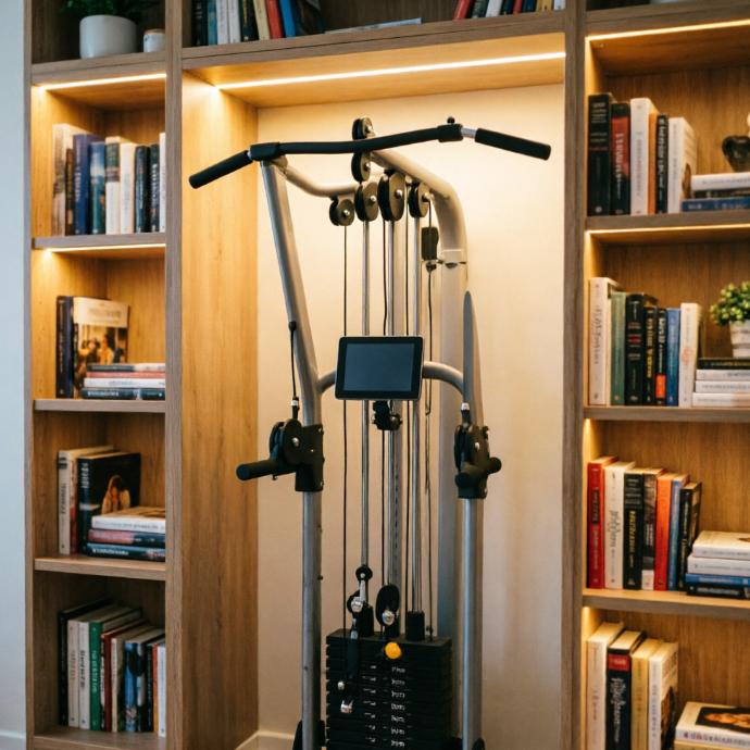 A 1:1 close-up of an AI-optimized storage niche in a small apartment. A smart cable machine is perfectly recessed into a wall between two library shelves. The design uses every inch of space efficiently. Matte black pull-up handles and a small digital interface (screen off) are visible. The surrounding room has a warm, domestic feel with books and soft lighting.