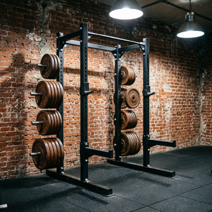 A 1:1 view of a heavy-duty strength area. A black steel squat rack stands against a raw, textured red brick wall. Heavy, rusted iron plates are organized on a vertical stand. The floor is covered in thick, recycled black rubber mats with subtle flecks of grey. Overhead, industrial-style dome lights cast harsh, directional shadows.