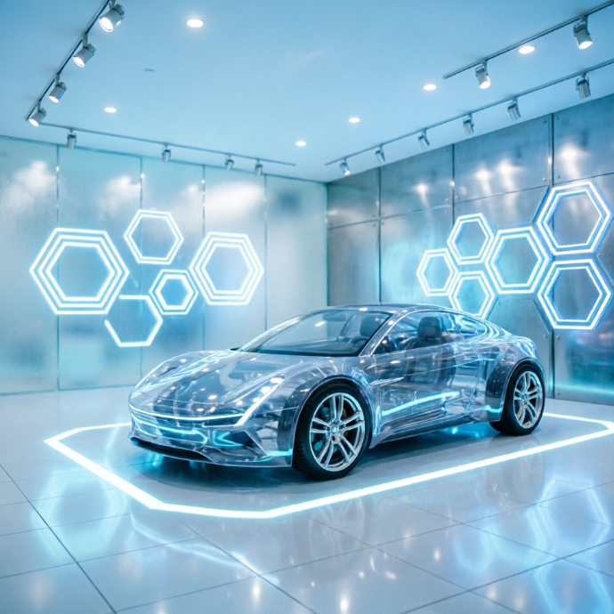 1:1 ratio. A gallery-white garage space with large abstract canvases floating on the walls, no text. The floor is polished white porcelain tile. Three brightly colored vintage sports cars (red, yellow, blue) are arranged on independent white pedestals like art pieces. Professional museum-grade track lighting is used on the ceiling. No people, no text.