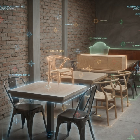 A 1:1 image of a bland dining area. Three different semi-transparent design layers are stacked: one with industrial metal chairs, one with Scandinavian light wood, and one with mid-century modern furniture. Digital crosshair markers are scattered across the scene, suggesting an AI choosing the best fit.