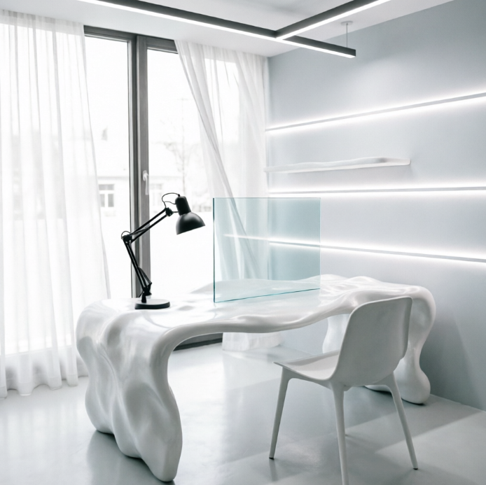 A 1:1 futuristic rendering of a 3D-printed workspace. The desk and shelves are made of a continuous, flowing white polymer material with organic curves. There are no sharp corners. Integrated glowing light strips follow the curves of the walls. A semi-transparent glass screen stands on the fluid desk surface. The aesthetic is surreal and high-tech. No people, no text.