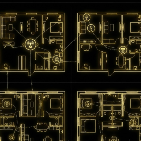 A 1:1 digital floor plan emphasizing IoT integration. A 2D apartment layout is shown in dark mode with glowing yellow lines. Glowing icons representing Wi-Fi nodes, smart cameras, and light sensors are connected by thin, pulsating data lines across the rooms. No people, no text.