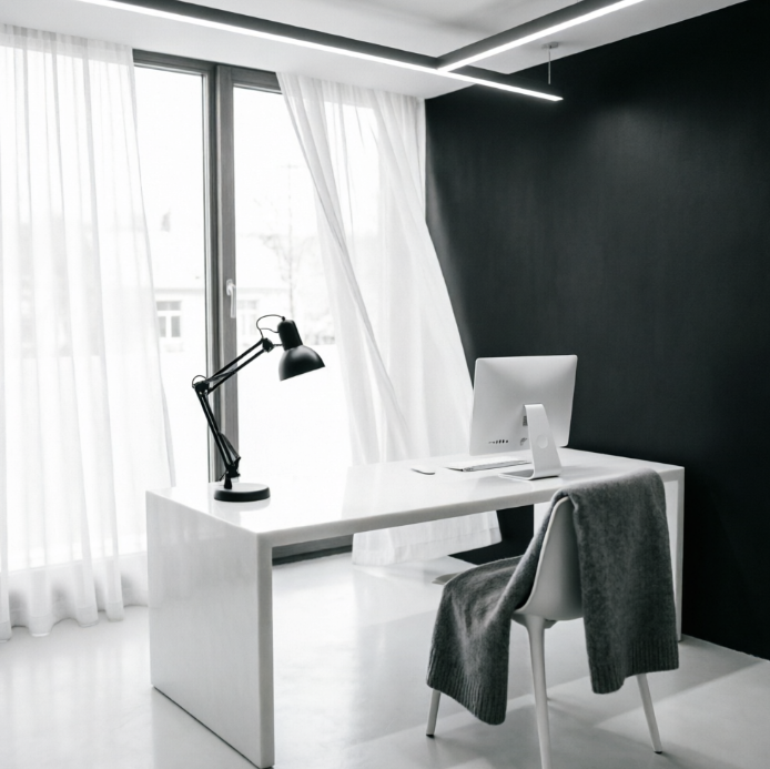 A 1:1 high-contrast black and white office. A pristine white resin desk sits against a charcoal black accent wall. A black desk lamp and white monitor stand create a sharp aesthetic. The floor is polished white concrete, reflecting the linear LED light fixture on the ceiling. Every object is precisely placed for perfect symmetry. No people, no text.