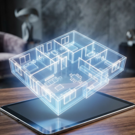 A 1:1 image of a sleek glass tablet lying on a wooden table. Floating above the glass is a 3D-effect holographic 2D floor plan with glowing white lines and semi-transparent blue planes. The background features a blurred, high-end interior. The image focuses on the depth and glow of the digital plan. No people, no text.