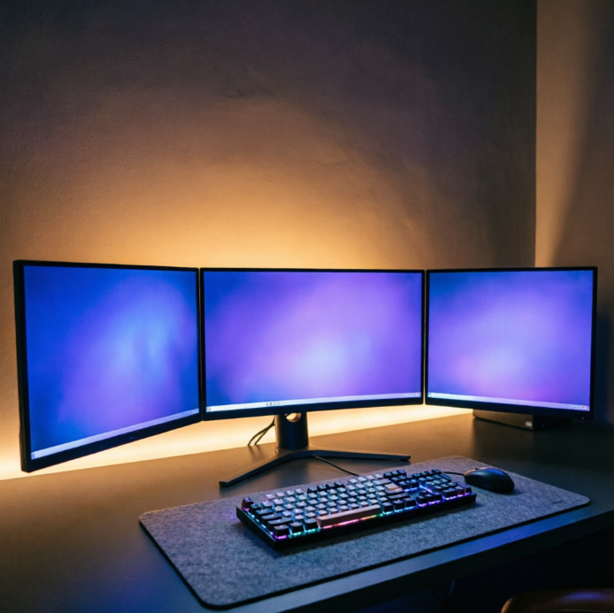 A 1:1 moody nighttime shot of a developer's workstation. A dark grey desk holds a curved triple-monitor setup glowing with vibrant blue and violet light. Behind the monitors, a soft amber LED strip illuminates a textured acoustic wall. A sleek mechanical keyboard sits on a large felt mat. The room is dark, emphasized by the glowing edges of the technology. No people, no text.