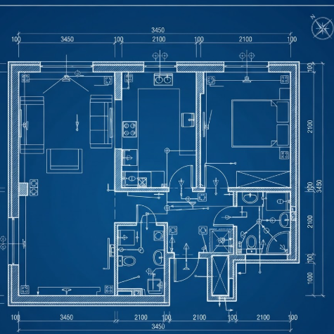 A 1:1 technical blueprint on a dark navy background. The room plan is drawn with high-contrast white lines, showing detailed wall thickness, insulation layers, and precise dimension lines with measurement ticks. Architectural symbols for electrical outlets and plumbing are placed logically throughout the layout. No people, no text.