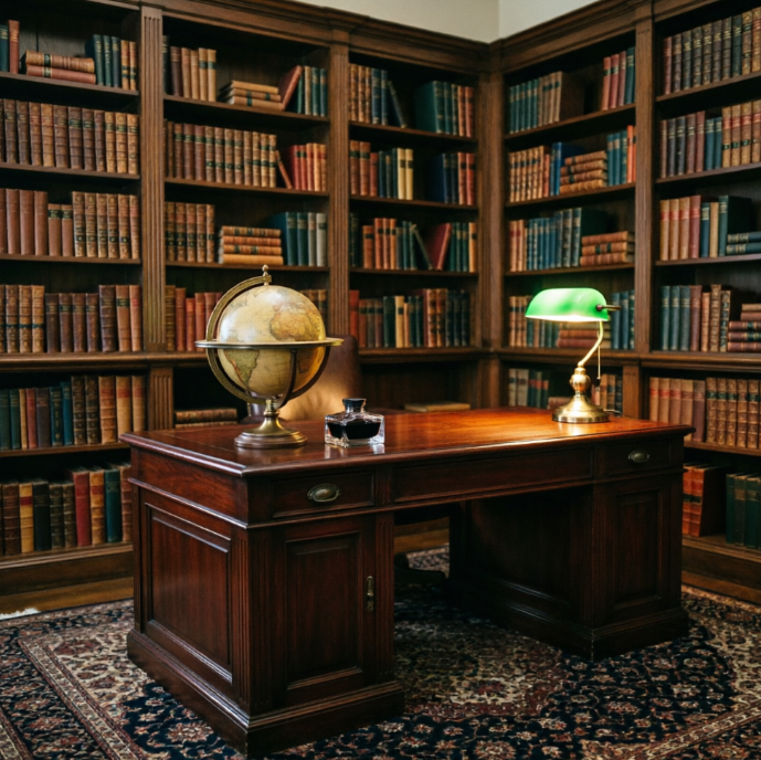 A 1:1 moody, classic home library office. A heavy dark mahogany desk is positioned in front of floor-to-ceiling bookshelves filled with leather-bound books. A traditional green banker’s lamp provides a warm glow. A vintage brass globe and a heavy glass inkwell sit on the desk. The room is carpeted in a deep Persian rug. No people, no text.