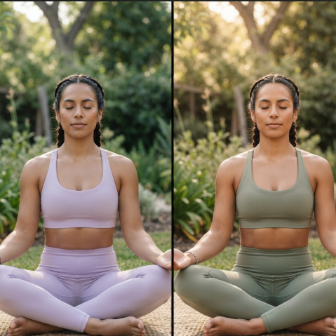 1:1 comparison. Left: A fit Latina woman meditates in a lavender sports bra. Right: The bra becomes sage green. Natural sunlight reflections stay consistent. Small "AI RECOLOR" tag on the yoga mat.