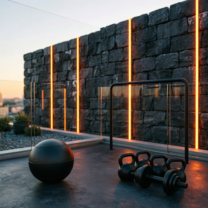 A 1:1 view of a monochrome dark gym. Every piece of equipment, from the barbell to the bench, is finished in matte black. The walls are dark basalt stone with vertical recessed orange lights. The floor is a dark charcoal micro-cement. The atmosphere is quiet, intense, and highly focused.
