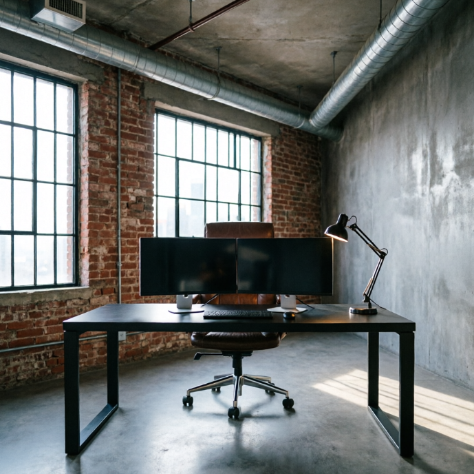 A 1:1 professional rendering of an industrial loft office. One wall is made of raw, weathered red brick, while the others are polished grey concrete. A large matte black steel desk holds two ultra-wide monitors and a desk lamp. Exposed metal pipes run across the high ceiling. Natural light streams through large black-framed grid windows. No people, no text.