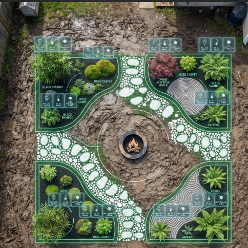 A 1:1 overhead shot of a mud-filled backyard. Superimposed on the ground is a vibrant green and white blueprint of a Zen garden, including paths, a circular fire pit, and plant placements. Small digital data icons float above each plant zone, indicating soil and light analysis.