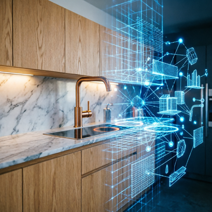 A 1:1 conceptual shot showing a kitchen mid-transformation. Half of the image is a photorealistic modern kitchen with light oak cabinets, while the other half dissolves into a glowing blue digital wireframe grid. Geometric data nodes float in the air, connecting different design elements. No people, no text.