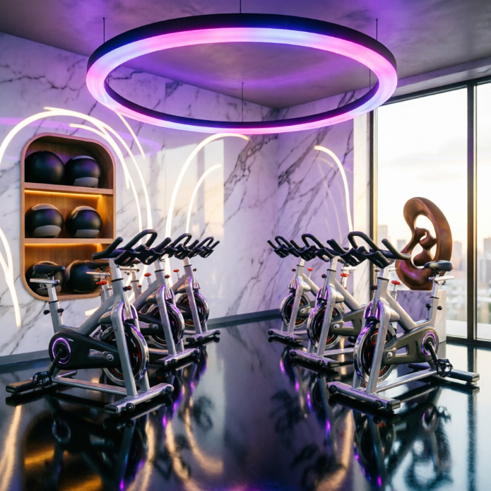 A 1:1 immersive cycling studio. Rows of sleek, futuristic stationary bikes are arranged in a circular pattern. A giant circular LED ring hangs from the ceiling, glowing in a gradient of neon purple and pink. The floor is black high-gloss epoxy, reflecting the intense neon lights above. No people, just the symmetric array of bikes.