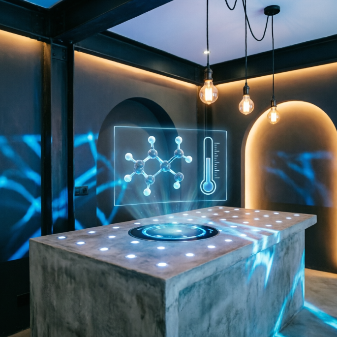 A 1:1 high-tech kitchen scene focused on a circular stone island. A 3D holographic projection of a floating molecule model and a temperature gauge hovers above the induction surface. The background is a minimalist dark
