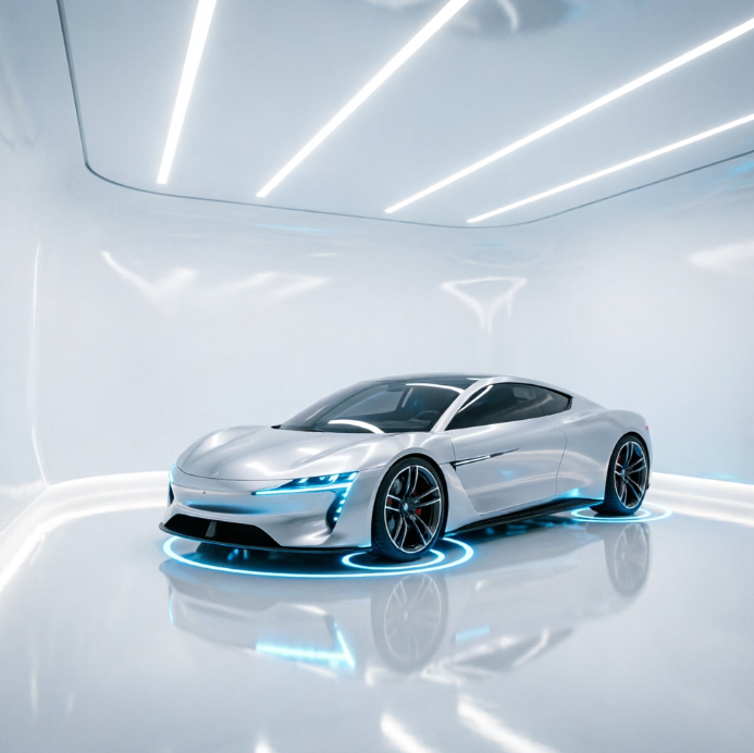 1:1 ratio, ultra-high-definition rendering. A futuristic seamless white streamlined garage with integrated curved walls and ceiling. A silver aerodynamic concept car is parked in the center over an induction charging pad emitting a faint blue light ring. The floor is high-gloss white epoxy, perfectly reflecting linear LED strips from the ceiling. No people, no text.