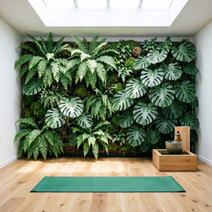 A 1:1 serene yoga and stretching space. A vertical garden wall filled with lush ferns and monsteras serves as the backdrop. The flooring is made of light-toned reclaimed oak. In the center, a single emerald green yoga mat is spread out, accompanied by a minimalist wooden water fountain. Large circular ceiling lights mimic natural skylights.