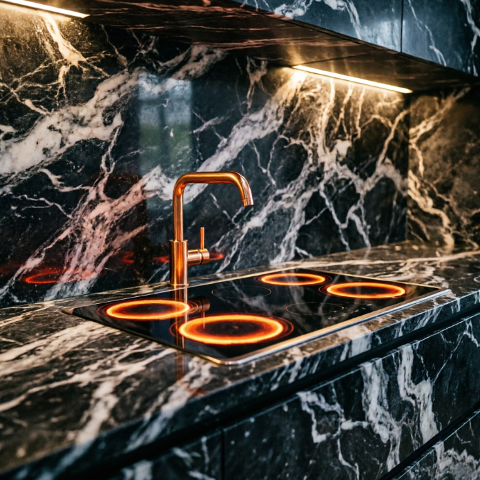 A 1:1 close-up of a luxury kitchen. The entire kitchen is crafted from dark Nero Marquina marble with intricate white veins. The stovetop is invisible, integrated directly into the stone surface with glowing orange rings indicating heat zones. Polished copper faucets emerge from the backsplash. The lighting is low and moody. No people, no text.