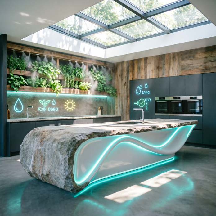A 1:1 interior shot of an AI-designed sustainable kitchen. A vertical herb garden is integrated into a reclaimed wood wall with a self-watering mist system. Above the natural stone countertop, a smart glass skylight filters dappled sunlight. Minimalist icons representing water and light levels are subtly projected onto the wood. No people, no text.