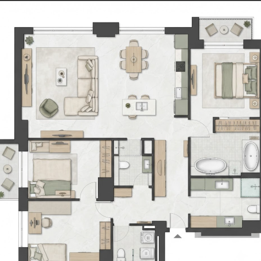 A 1:1 professional top-down view of a modern apartment floor plan. The walls are rendered in solid dark grey, and the rooms are filled with high-end furniture icons in muted tones (beige, sage green, and light oak). Each room is perfectly aligned with architectural precision. The floor features a subtle marble texture. No people, no text.