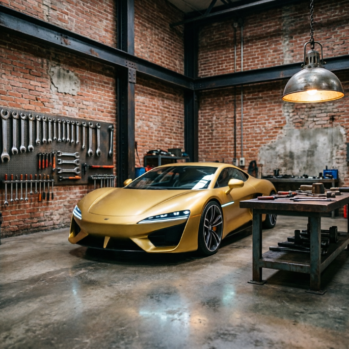 1:1 ratio. A rugged industrial garage featuring exposed red brick walls and black steel I-beams. A metallic tool set is neatly organized on the wall; the workbench is made of heavy steel with a vintage industrial pendant light above. The floor has a natural polished concrete texture. No people, no text.