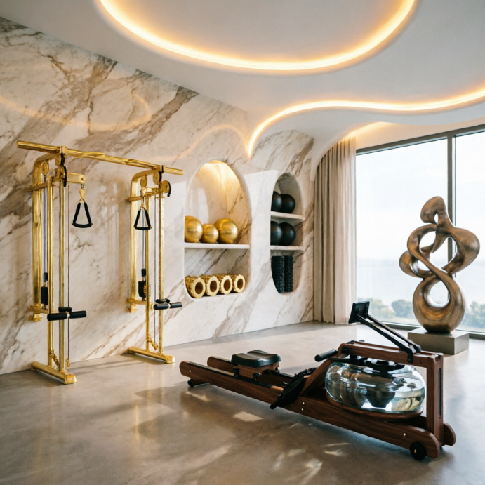 A 1:1 luxury gym space featuring Calacatta marble walls and gold-finished gym equipment. A designer rowing machine made of dark walnut wood and water-resistance glass sits in the corner. A large abstract sculpture stands next to a floor-to-ceiling window. The space feels more like a private lounge than a traditional gym.