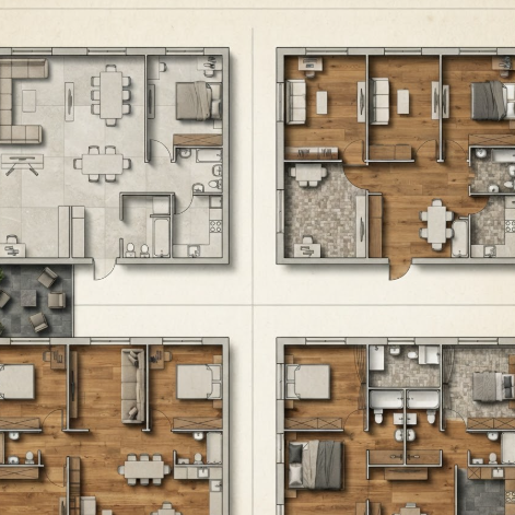 A 1:1 top-down floor plan that incorporates realistic textures. The kitchen shows light grey stone tiling, the living room features warm oak planks, and the balcony has outdoor slate. The walls are depicted with a subtle concrete texture. Shadows are cast by the 2D furniture to add depth and realism. No people, no text.