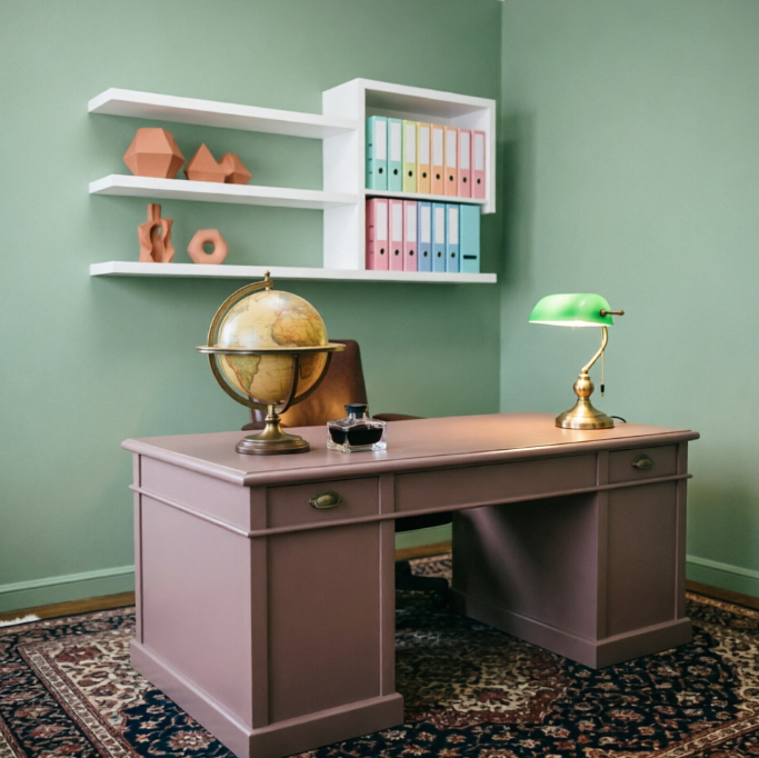 A 1:1 creative studio space featuring soft Morandi tones. A dusty rose-colored desk is set against a sage green wall. Above the desk, asymmetrical white floating shelves hold geometric clay sculptures and blank pastel-colored folders. The lighting is soft and shadowless, highlighting the matte textures of the space. No people, no text.