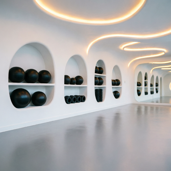 A 1:1 interior of an AI-designed gym with white parametric curved walls that flow seamlessly into storage shelves. The shelves house medicine balls and foam rollers in custom-fit alcoves. The lighting is organic, following the curves of the ceiling. The floor is a continuous light-grey liquid rubber.