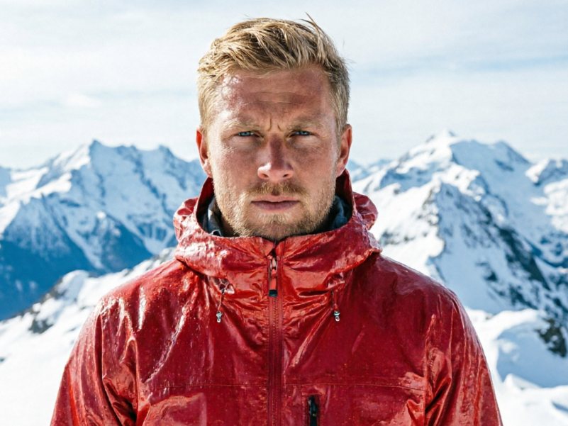 A close-up portrait of a blond man with a beard against a backdrop of snow-capped mountains, wearing a dark blue hooded outdoor jacket and looking seriously at the camera.