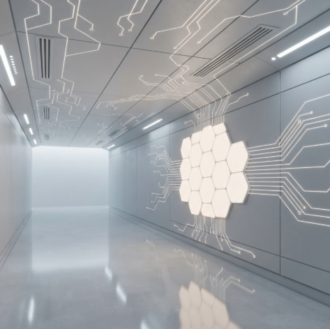 A 1:1 shot of a minimalist corridor. On one wall, a sleek hexagonal panel glows with a soft white light, reflecting on the polished floor. From the panel, thin lines of glowing white light extend like a circuit board across the walls and ceiling, connecting to hidden recessed lights and air vents. The aesthetic is clean, silent, and technological.