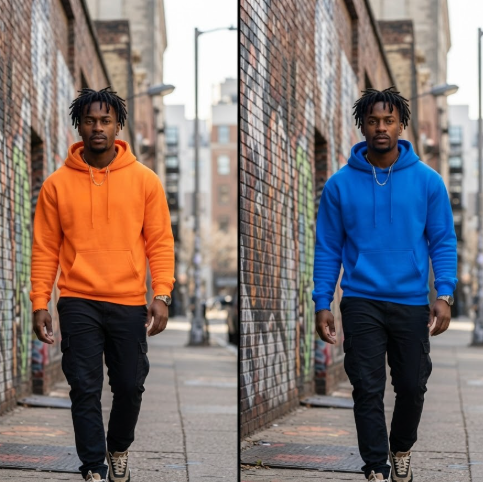 1:1 split frame. Left: A Black man with short dreadlocks in a vibrant orange hoodie on a city street. Right: Hoodie turned electric blue. Graffiti textures on walls are untouched. Text "STREET VIBE" in neon on a nearby wall.
