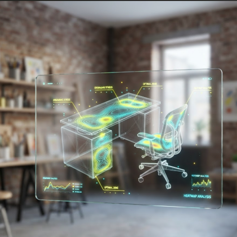A 1:1 view of a creative studio space. Floating in mid-air is a semi-transparent glass-like interface with 3D models of desks and chairs. The background studio is blurred, but the interface shows heat maps of light and ergonomic flow lines in bright neon yellow and teal. No hands or people are visible, only the floating UI.