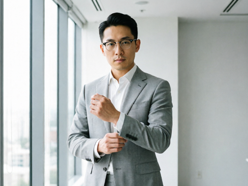 An Asian businessman wearing glasses stands by a bright floor-to-ceiling window, adjusting the cuff of his dark blue suit jacket, appearing professional and capable.