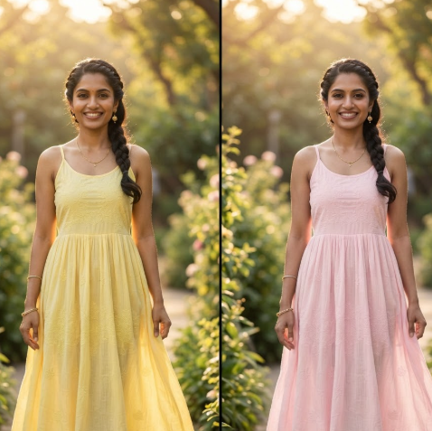 1:1 side-by-side. Left: An Indian woman in a sun-drenched garden wearing a lemon yellow sundress. Right: Dress changed to blush pink. Background bokeh is identical. Text "SUMMER EDIT" on a wooden garden sign.