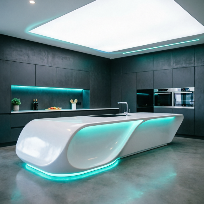 A 1:1 architectural visualization of a futuristic kitchen. The centerpiece is a large, white parametric island made of a single piece of seamless polymer, flowing from the ceiling to the floor in a curved wave. The surface is illuminated by integrated cyan light strips. The background features matte charcoal walls and hidden appliances. No people, no text.